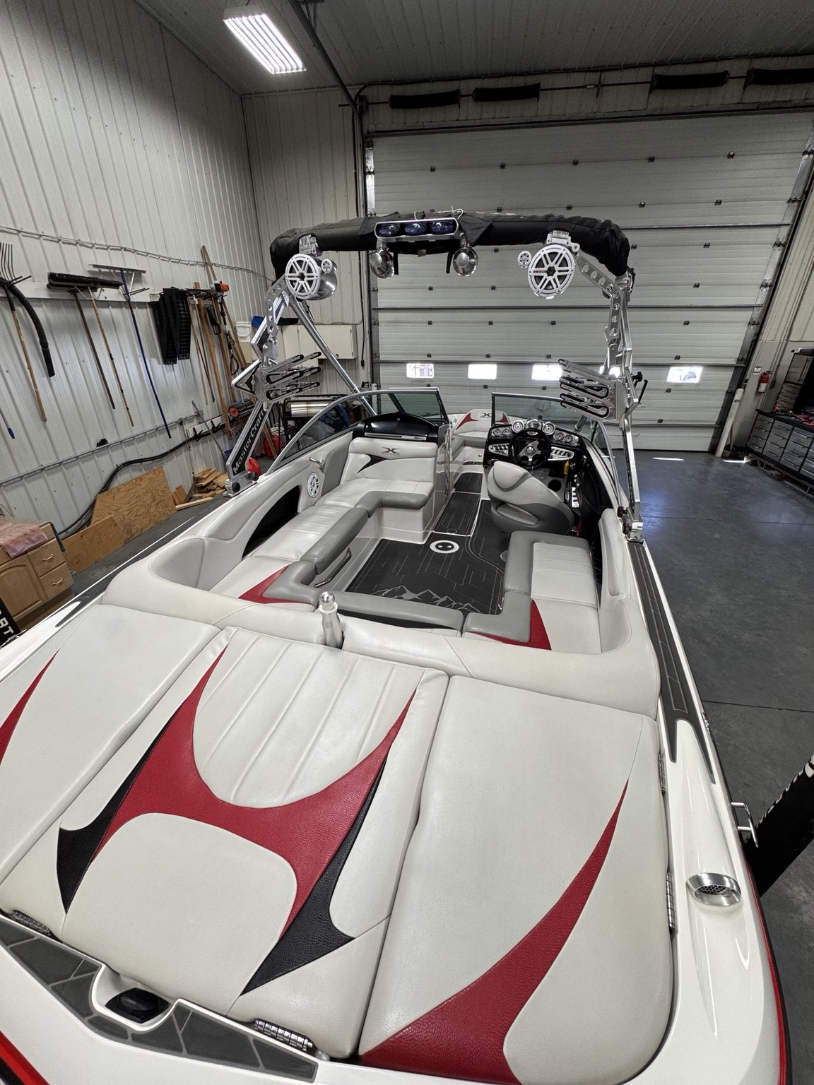 White and red boat after cleaning, viewed from above