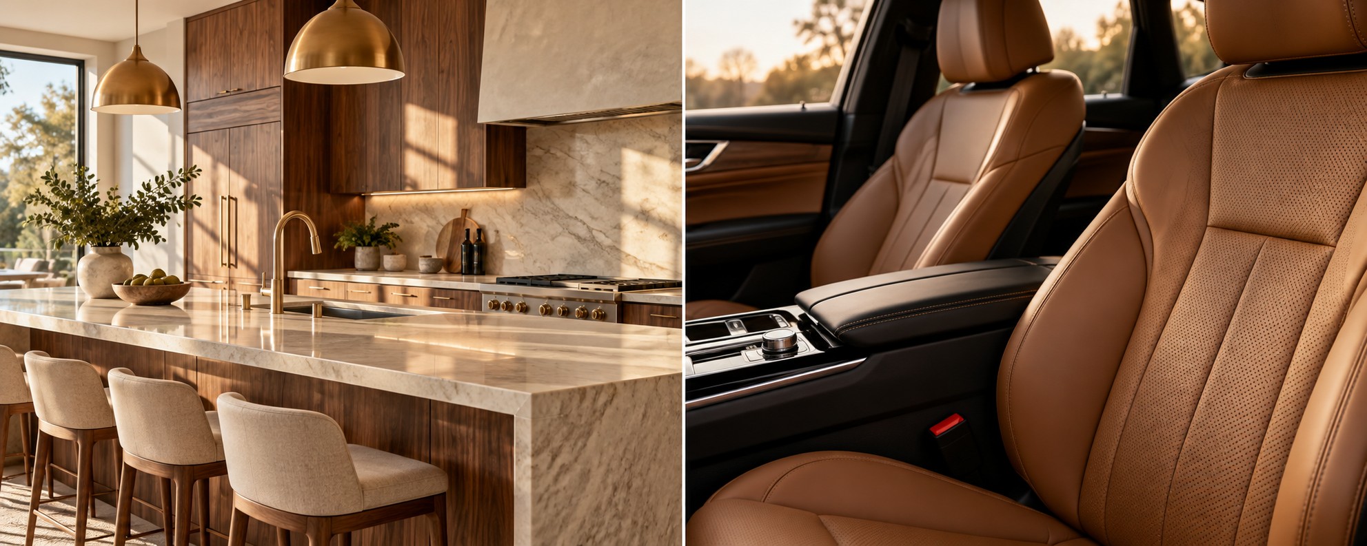 Illustrative contemporary kitchen with ivory stone and walnut cabinetry